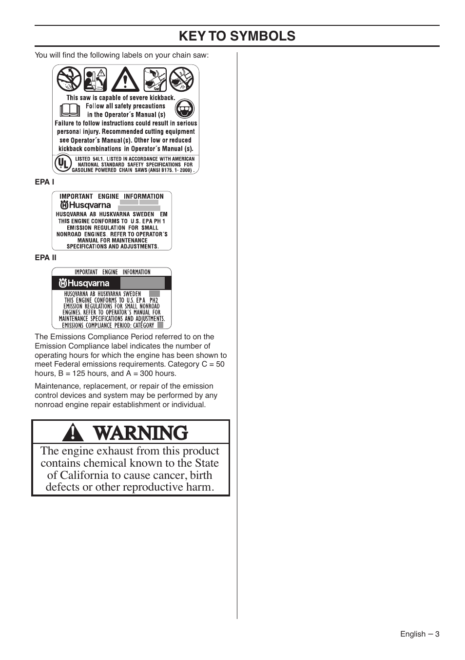 Key t o symbols | Husqvarna 357XP EPA I User Manual | Page 3 / 44