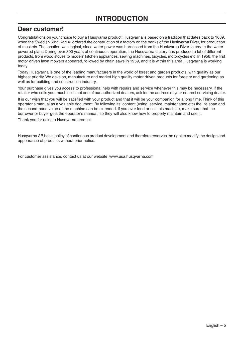 Dear customer, Intr oduction | Husqvarna 357XP EPA I User Manual | Page 5 / 44