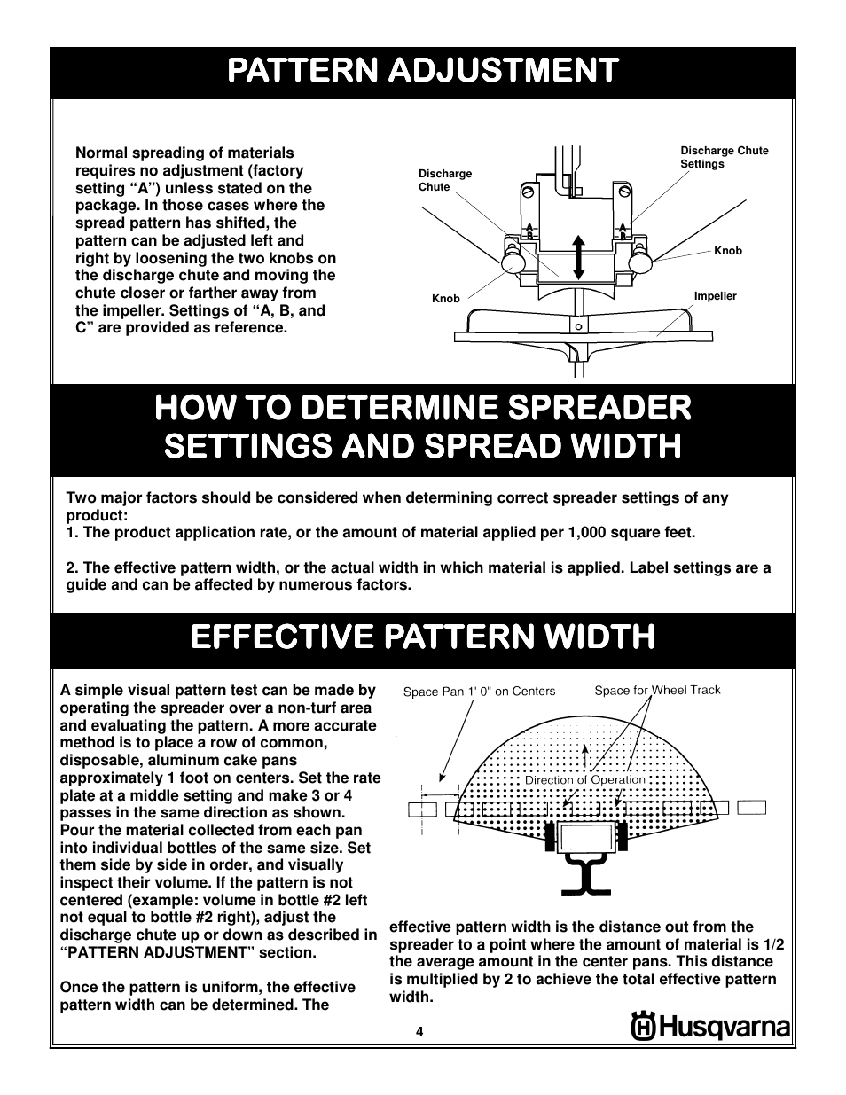 Pattern adjustment, How to determine spreader, Effective pattern width | Husqvarna 966043501 User Manual | Page 4 / 8
