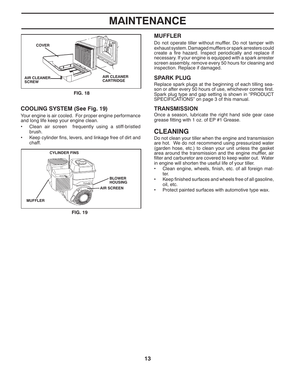 Maintenance, Cleaning, Cooling system (see fig. 19) | Muffler, Spark plug, Transmission | Husqvarna 650RTT User Manual | Page 13 / 28