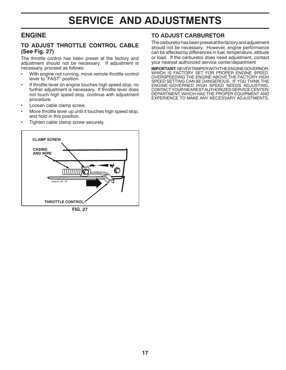 Service and adjustments, Engine | Husqvarna 650RTT User Manual | Page 17 / 28