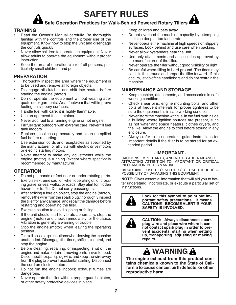 Safety rules, Warning | Husqvarna 650RTT User Manual | Page 2 / 28