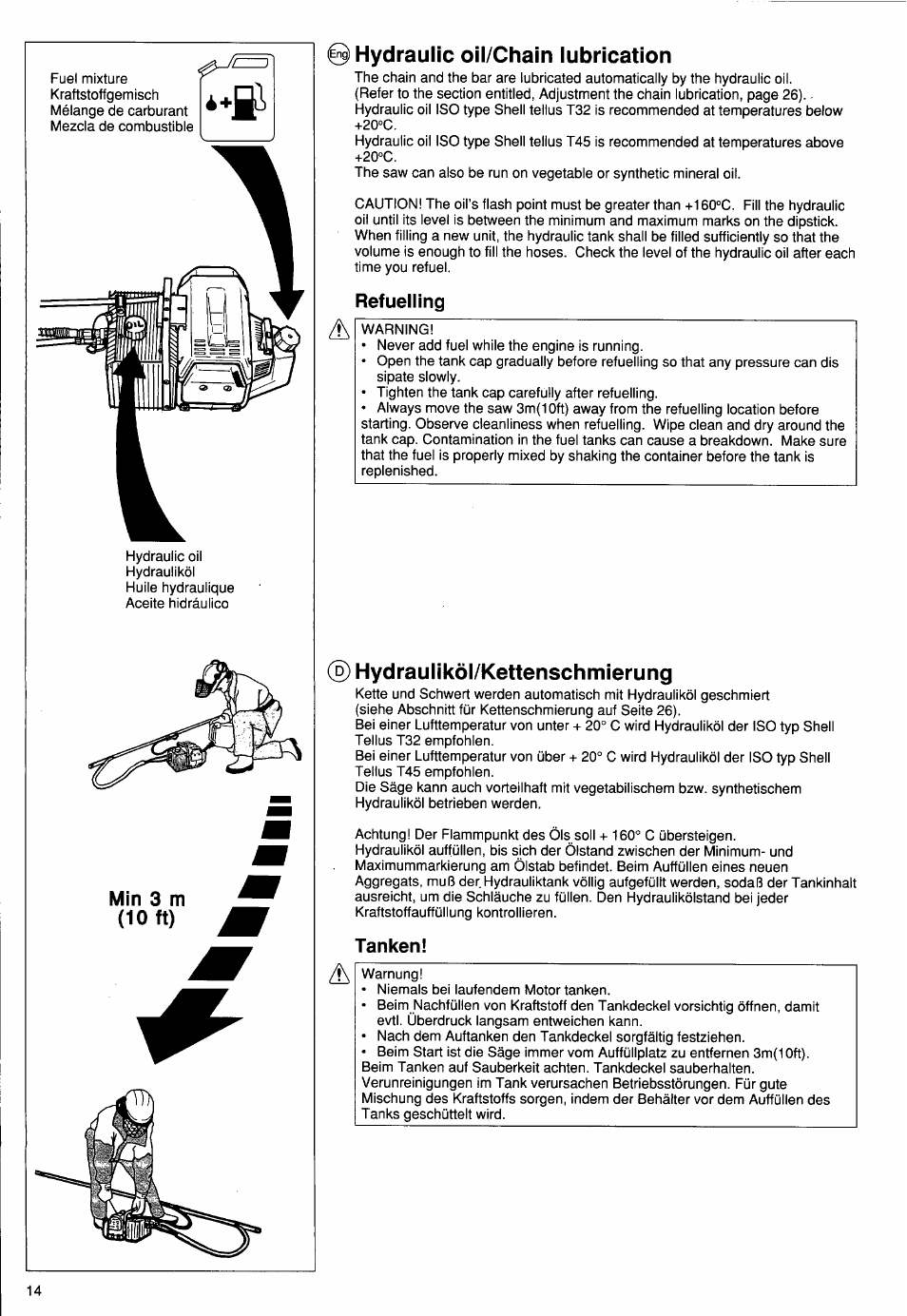Hydraulic oil/chain lubrication, Refuelling, D) hydrauliköl/kettenschmierung | Tanken, Min 3 m (10 ft), Refuelling a, Tanken! a | Husqvarna PS 50 User Manual | Page 13 / 43