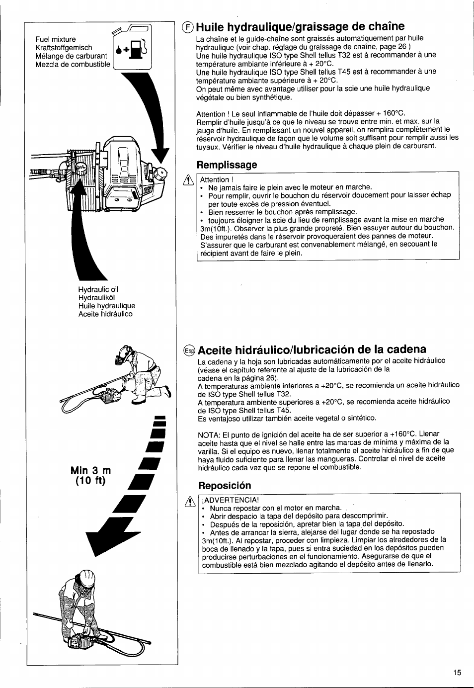 0 huile hydraulique/graissage de chaîne, Remplissage, Aceite hidráulico/lubricacíón de la cadena | Reposición, Huile hydraulique/graissage de chaîne, Min 3 m (10 ft), Remplissage zl, Reposición a | Husqvarna PS 50 User Manual | Page 14 / 43