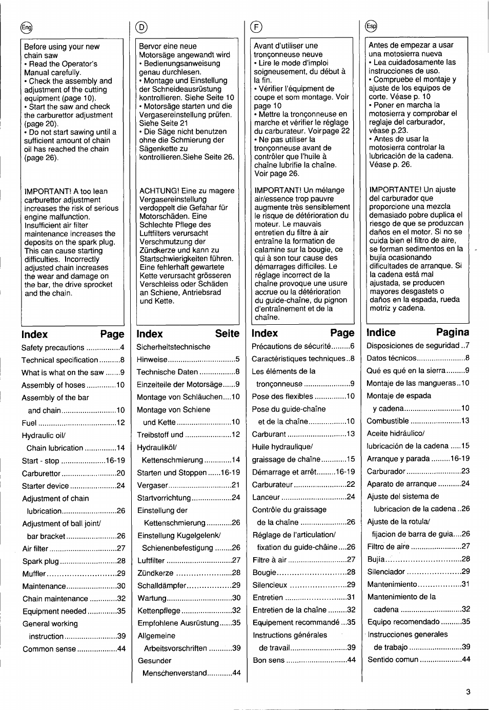 Index page, Index seite, Indice pagina | Husqvarna PS 50 User Manual | Page 2 / 43