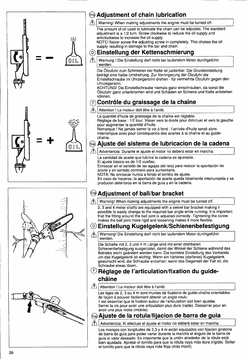 Adjustment of chain lubrication, Einstellung der kettenschmierung, F)contrôle du graissage de la chaîne | Ajuste del sistema de lubricación de la cadena, Adjustment of ball/bar bracket, Einstellung kugelgelenk/schienenbefestigung, E¡^ ajuste de la rotula/fijacion de barra de guia, Contrôle du graissage de la chaîne, Réglage de rarticulation/fixation du guide- chäine | Husqvarna PS 50 User Manual | Page 25 / 43