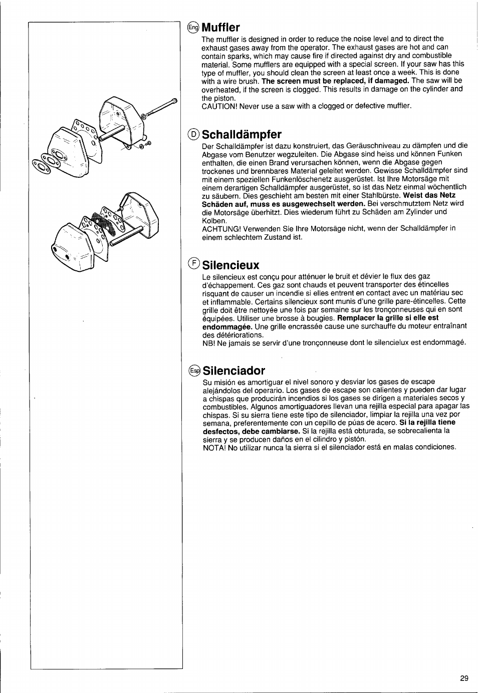 Muffler, Schalldämpfer, Silencieux | Silenciador | Husqvarna PS 50 User Manual | Page 28 / 43