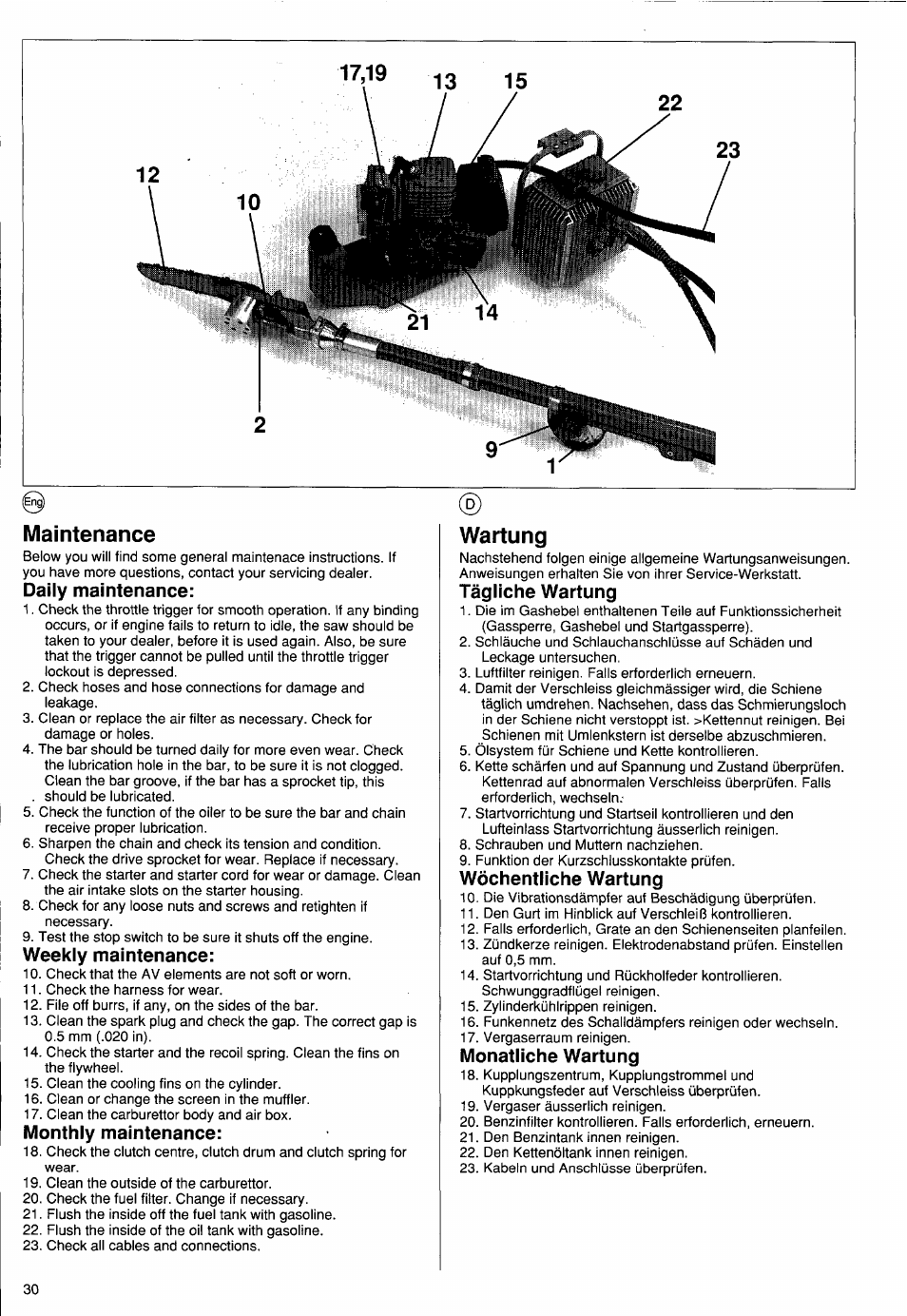 Maintenance, Daily maintenance, Weekly maintenance | Monthly maintenance, Wartung, Tägliche wartung, Wöchentliche wartung, Monatliche wartung, Chain maintenance | Husqvarna PS 50 User Manual | Page 29 / 43