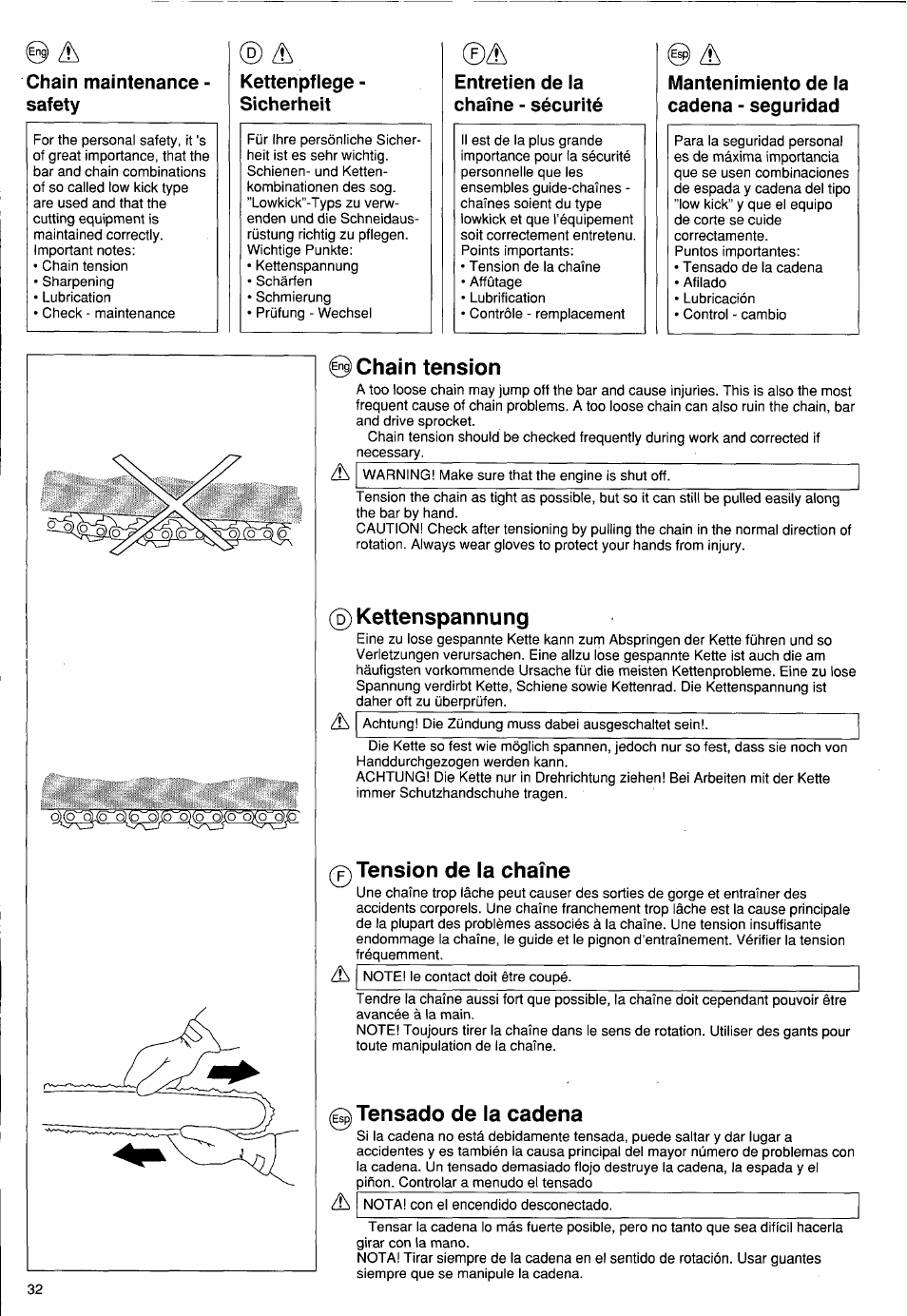 Chain maintenance - safety, 0 /k, Mantenimiento de la cadena - seguridad | Chain tension, D) kettenspannung, 0 tension de la chaîne, 0 tensado de la cadena, 9) âs, Kettenspannung, Tension de la chaîne | Husqvarna PS 50 User Manual | Page 31 / 43