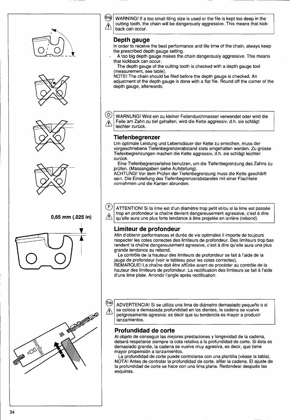 Depth gauge, Tiefenbegrenzer, Limiteur de profondeur | Profundidad de corte | Husqvarna PS 50 User Manual | Page 33 / 43