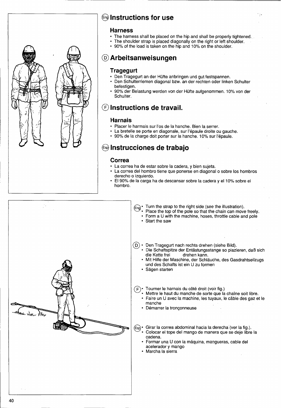 0 instructions for use, Harness, D) arbeitsanweisungen | Tragegurt, 0 instructions de travail, Harnais, E^ instrucciones de trabajo, Correa, Instructions de travail, Instrucciones de trabajo | Husqvarna PS 50 User Manual | Page 39 / 43