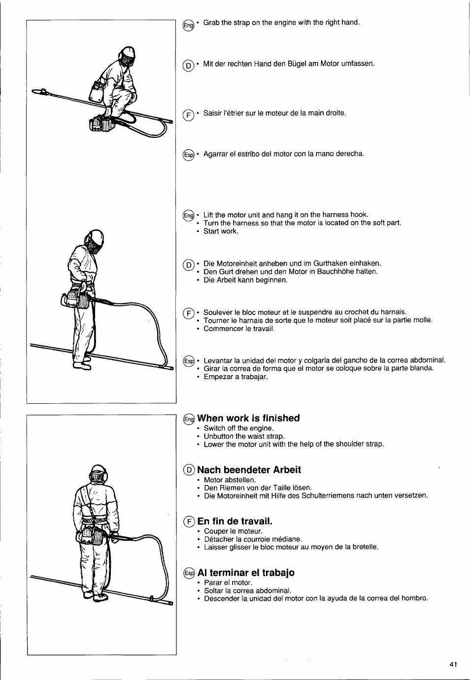 0 when work is finished, D) nach beendeter arbeit, F) en fin de travail | 0 ai terminar el trabajo | Husqvarna PS 50 User Manual | Page 40 / 43