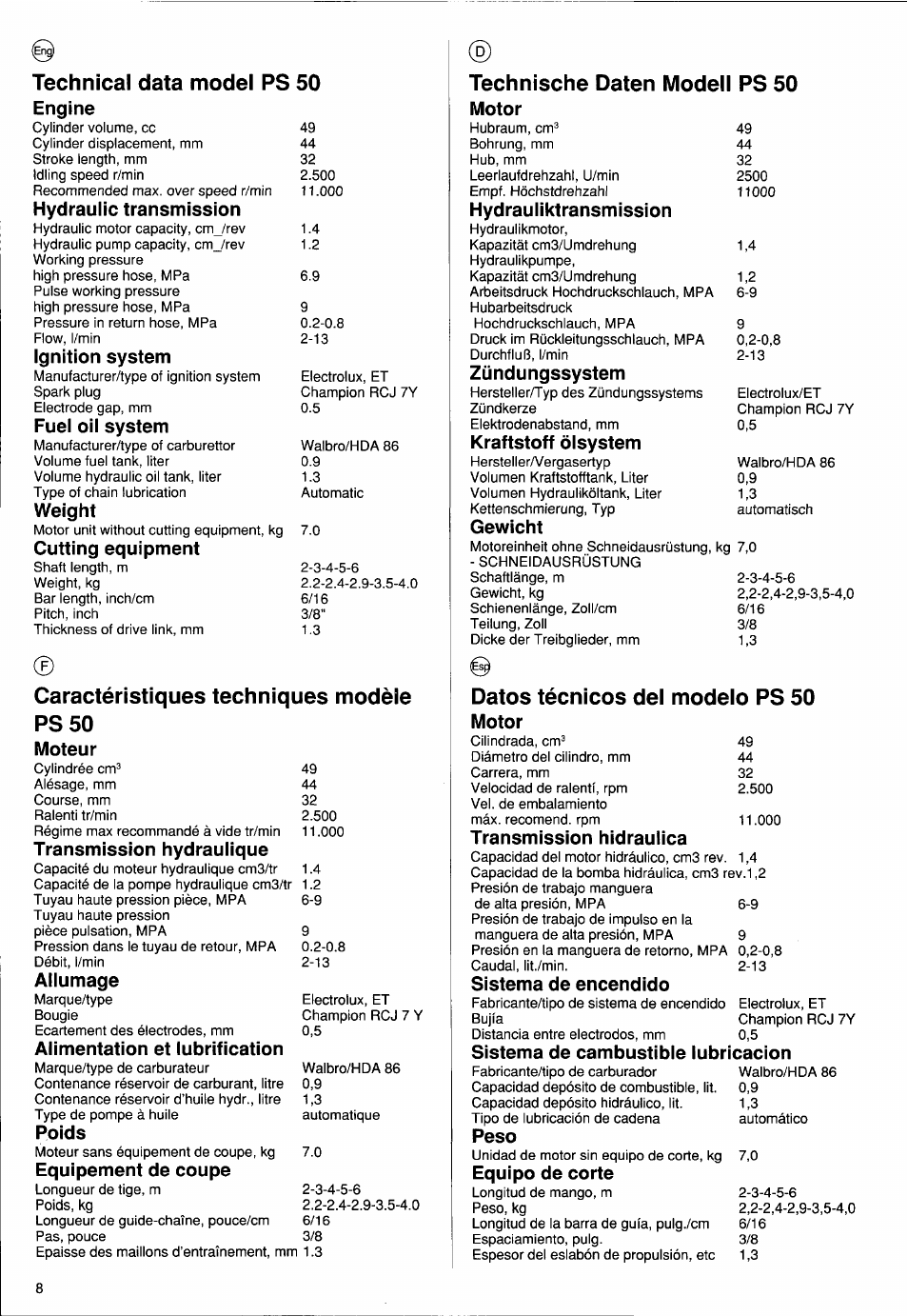 Caractéristiques techniques modèle, Ps 50, Moteur | Transmission hydraulique, Allumage, Alimentation et lubrification, Poids, Equipement de coupe, Technische daten modell ps 50, Motor | Husqvarna PS 50 User Manual | Page 7 / 43