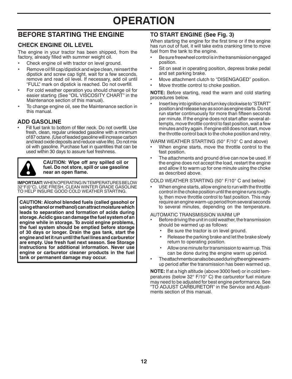 Operation, Before starting the engine | Husqvarna 917.24046 User Manual | Page 12 / 56