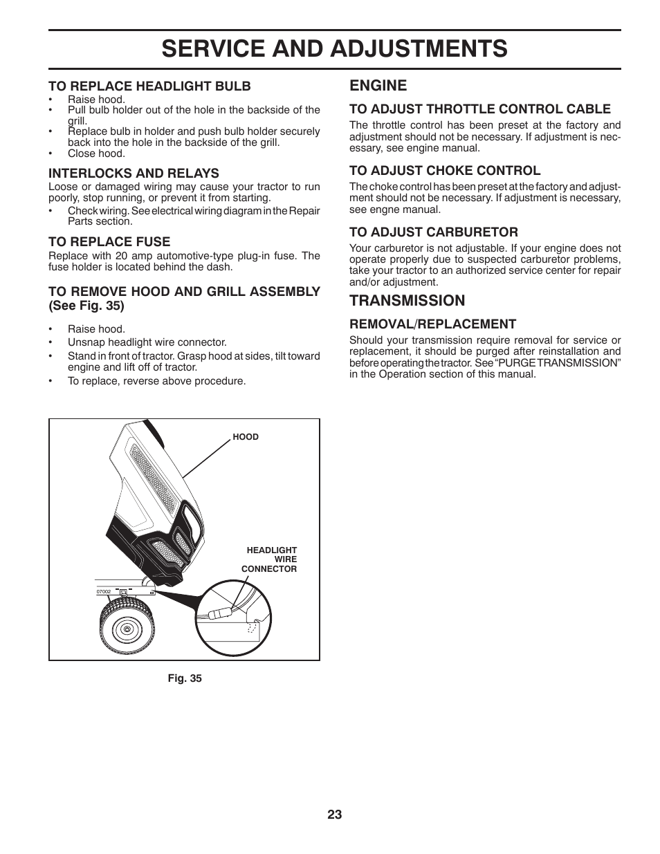 Service and adjustments, Transmission, Engine | Husqvarna 917.24046 User Manual | Page 23 / 56