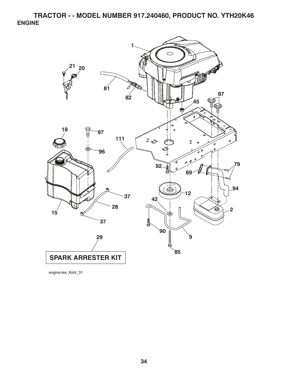 Engine, Spark arrester kit | Husqvarna 917.24046 User Manual | Page 34 / 56