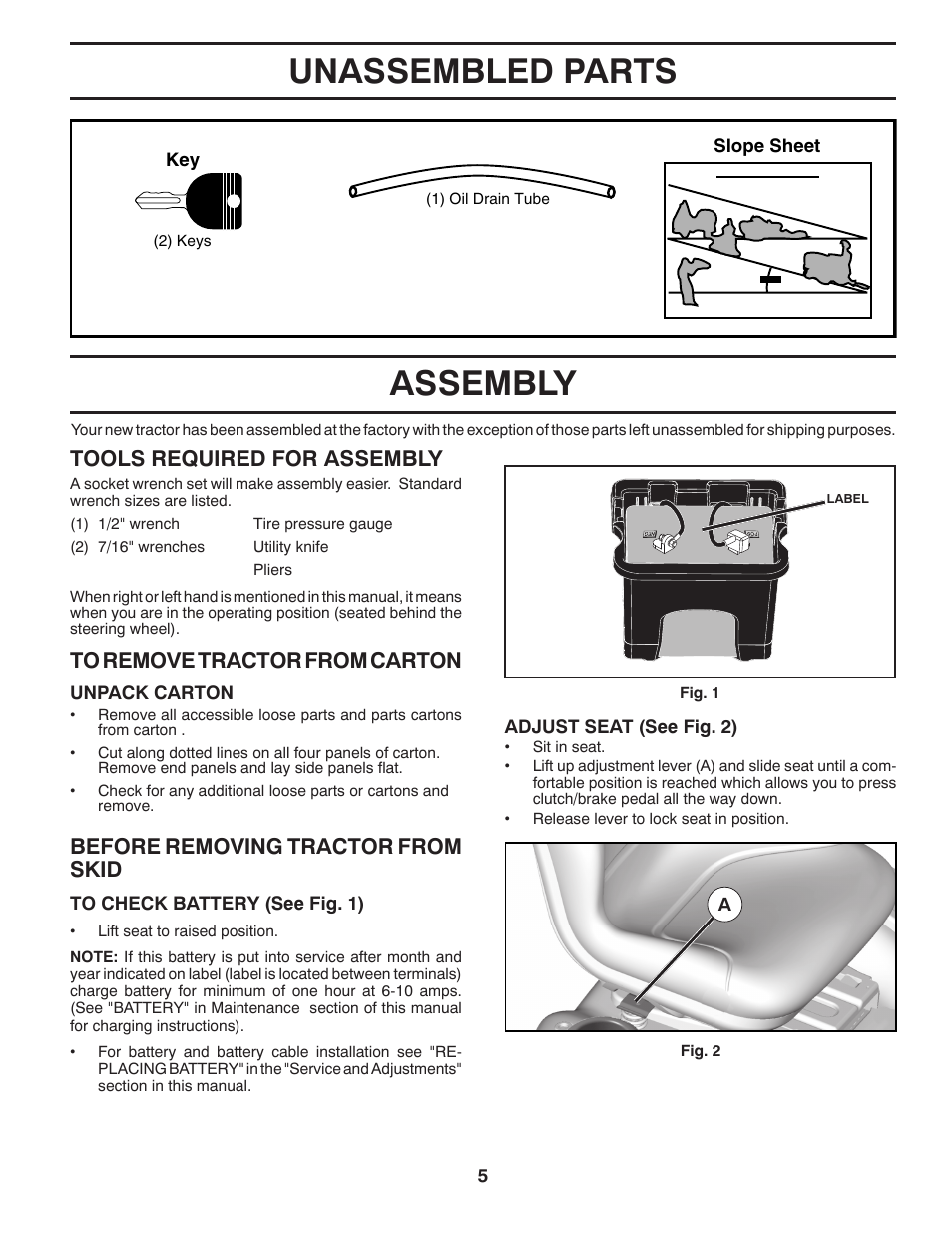 Assembly, Unassembled parts, Tools required for assembly | Before removing tractor from skid | Husqvarna 917.24046 User Manual | Page 5 / 56