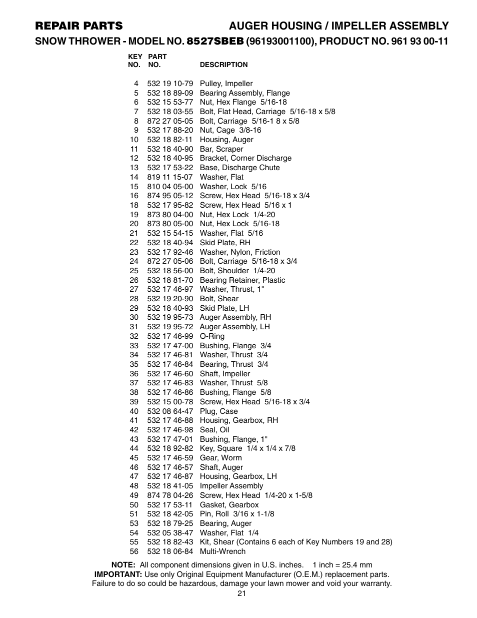 Parts list, Repair parts auger housing / impeller assembly | Husqvarna 8527SBEB User Manual | Page 21 / 32