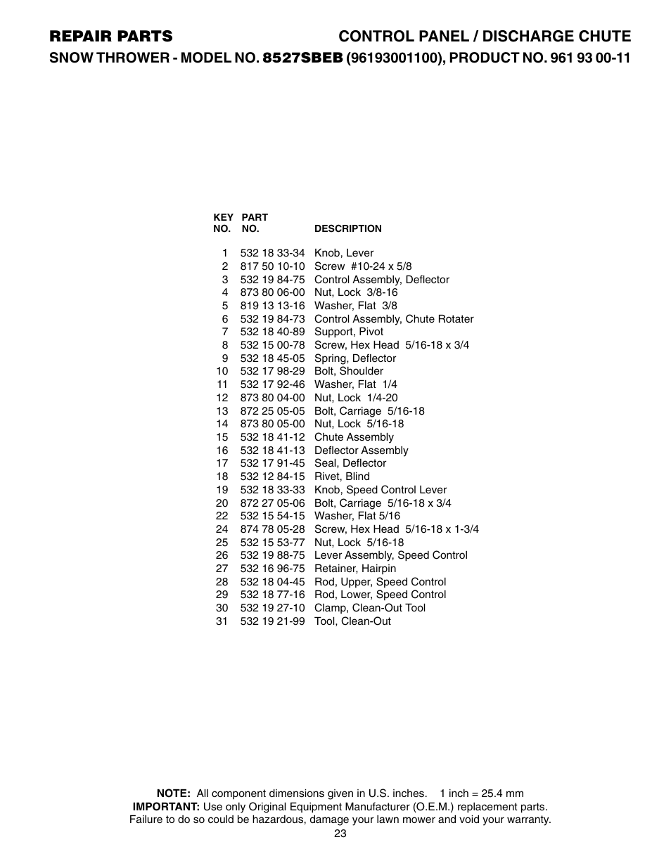 Parts list, Repair parts control panel / discharge chute | Husqvarna 8527SBEB User Manual | Page 23 / 32