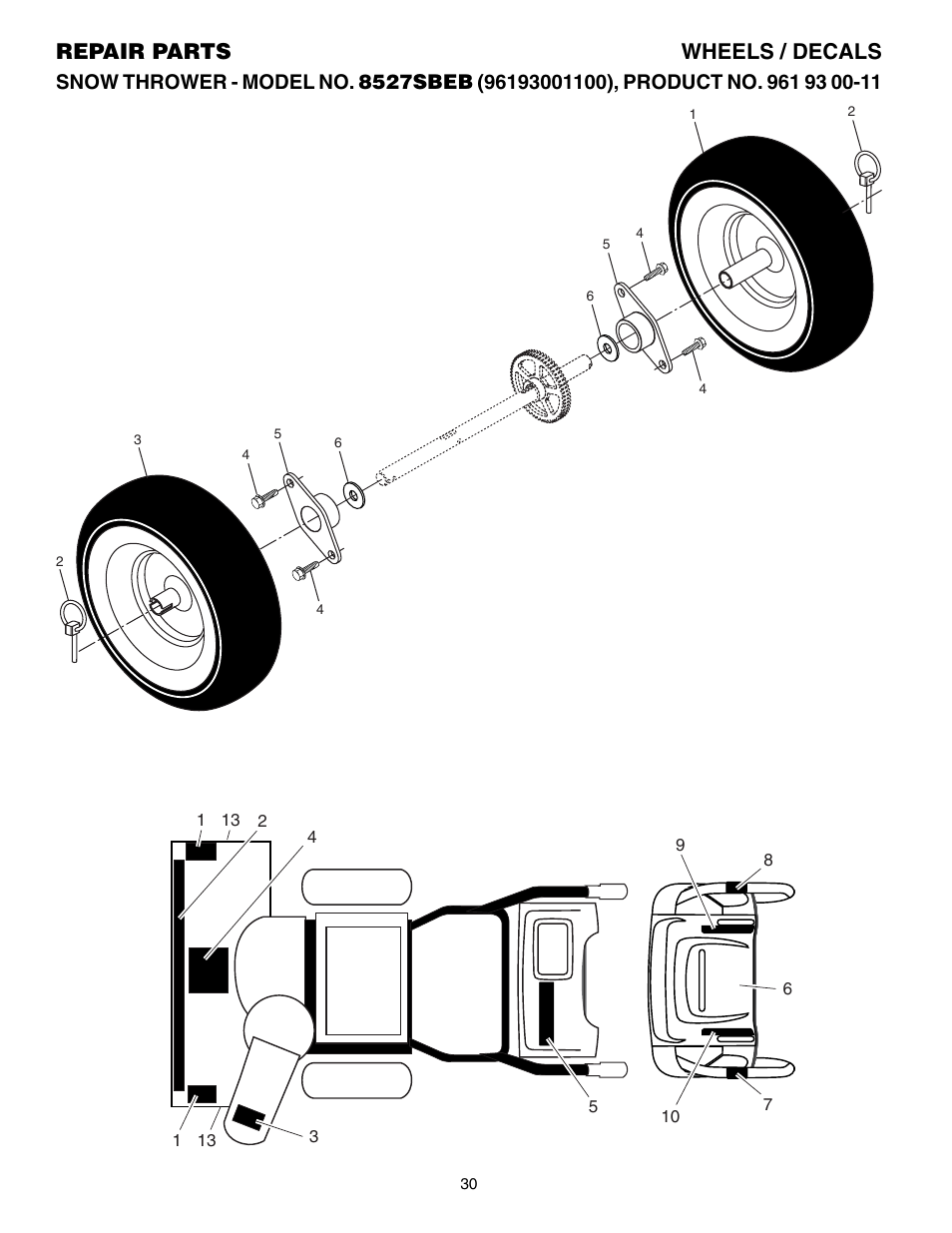 Wheels/ decals, Repair parts wheels / decals | Husqvarna 8527SBEB User Manual | Page 30 / 32