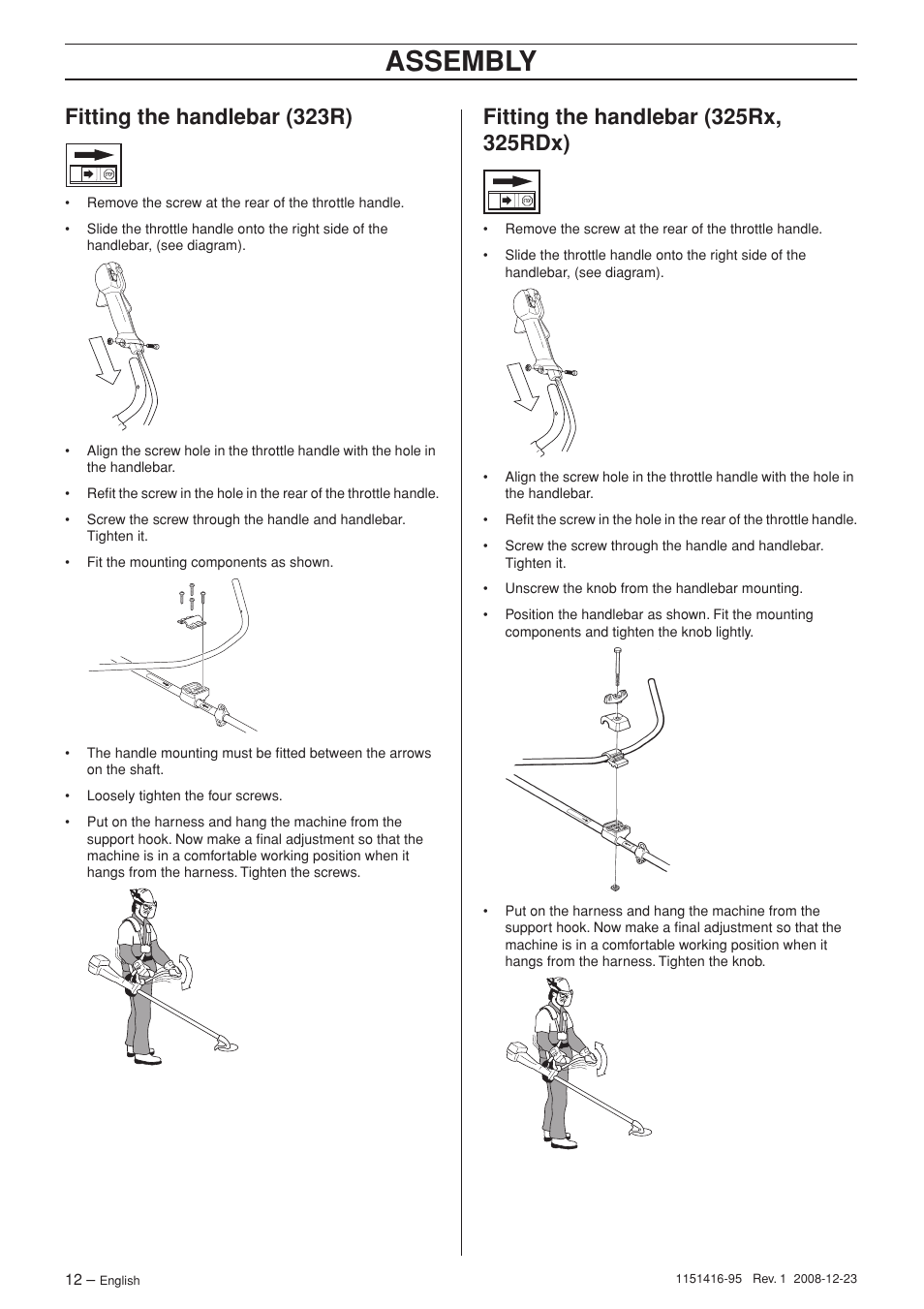 Fitting the handlebar (323r), Fitting the handlebar (325rx, 325rdx), Assembly | Husqvarna 325RX User Manual | Page 12 / 40