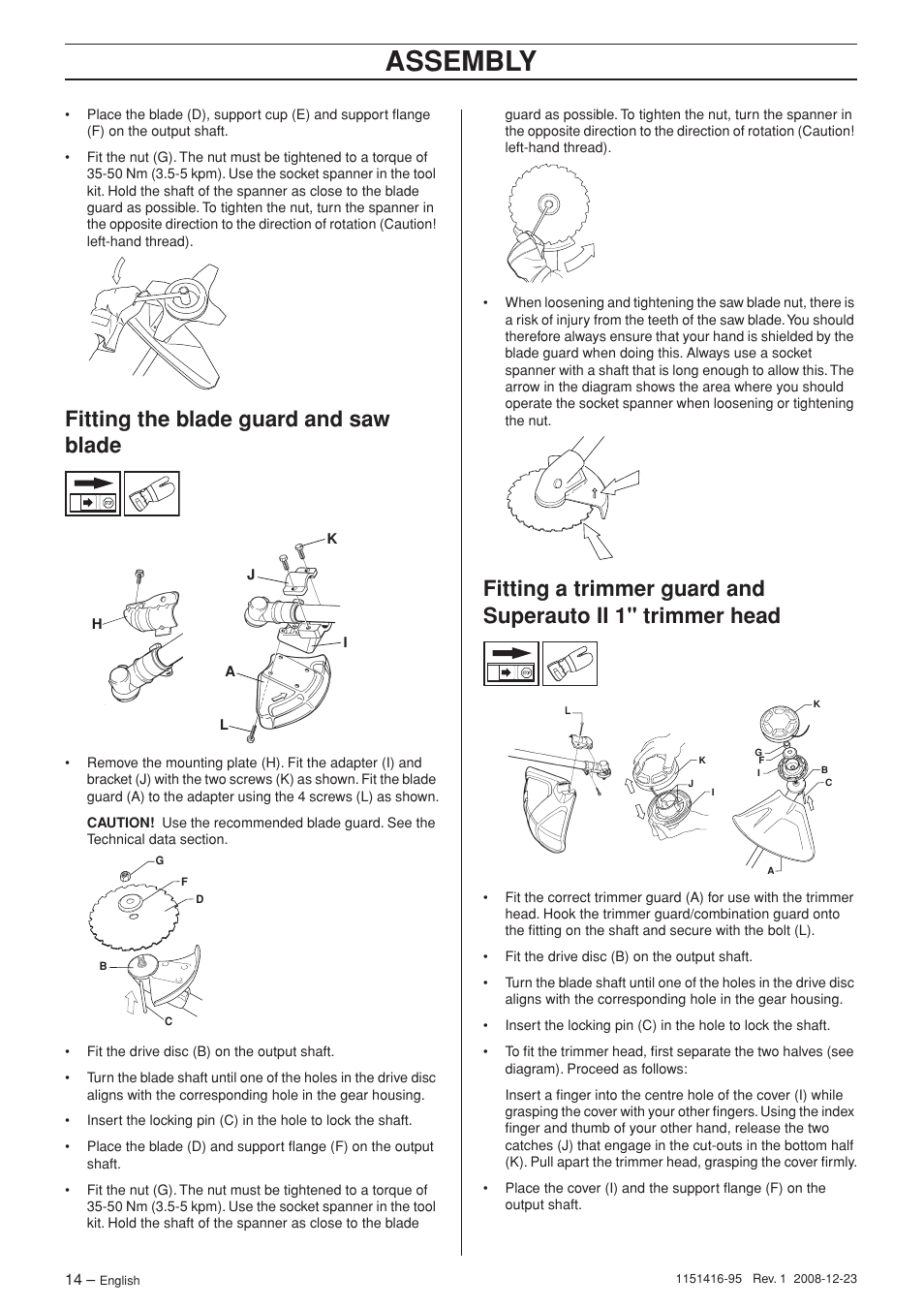 Fitting the blade guard and saw blade, Assembly | Husqvarna 325RX User Manual | Page 14 / 40