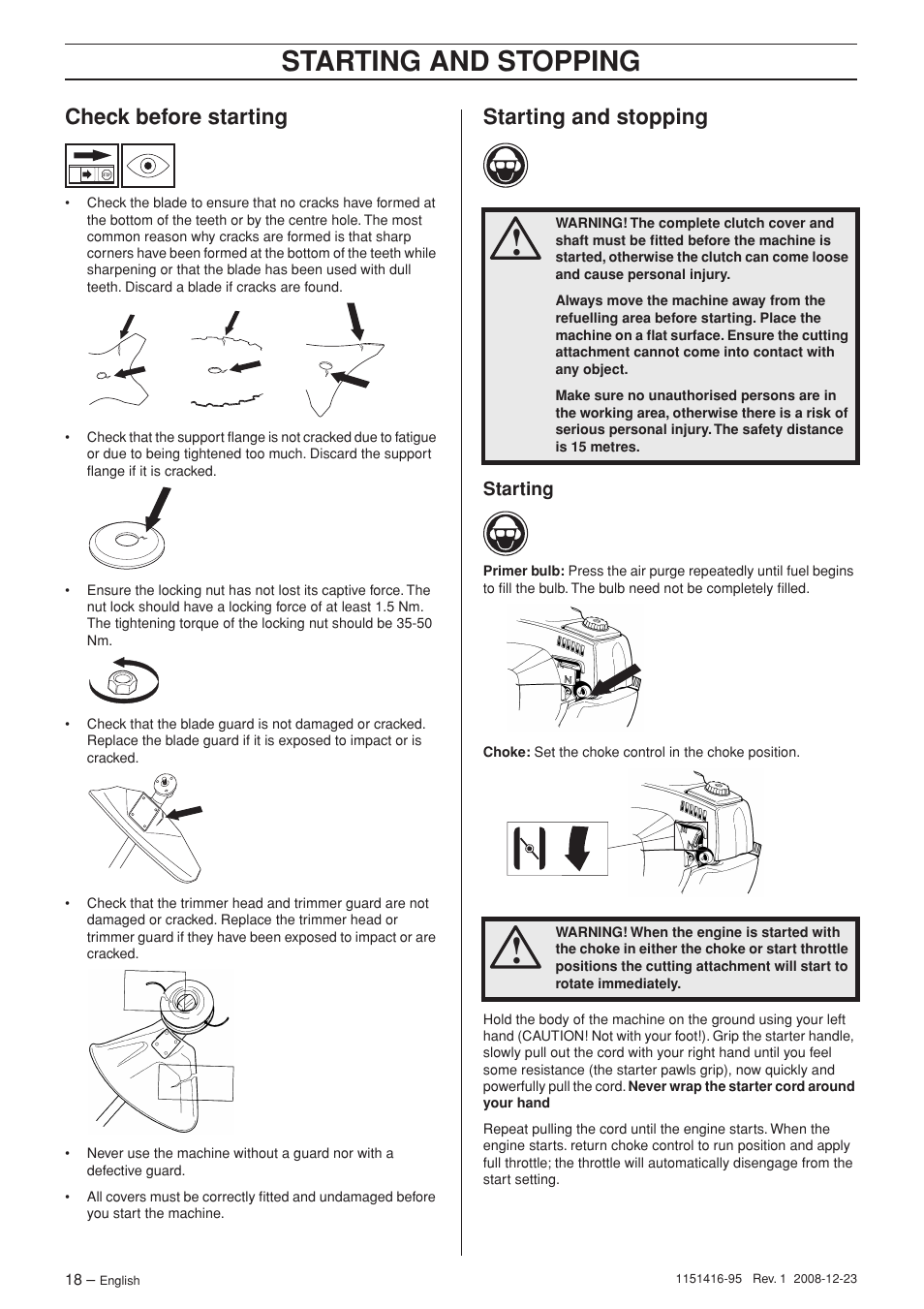 Check before starting, Starting and stopping, Starting | Husqvarna 325RX User Manual | Page 18 / 40