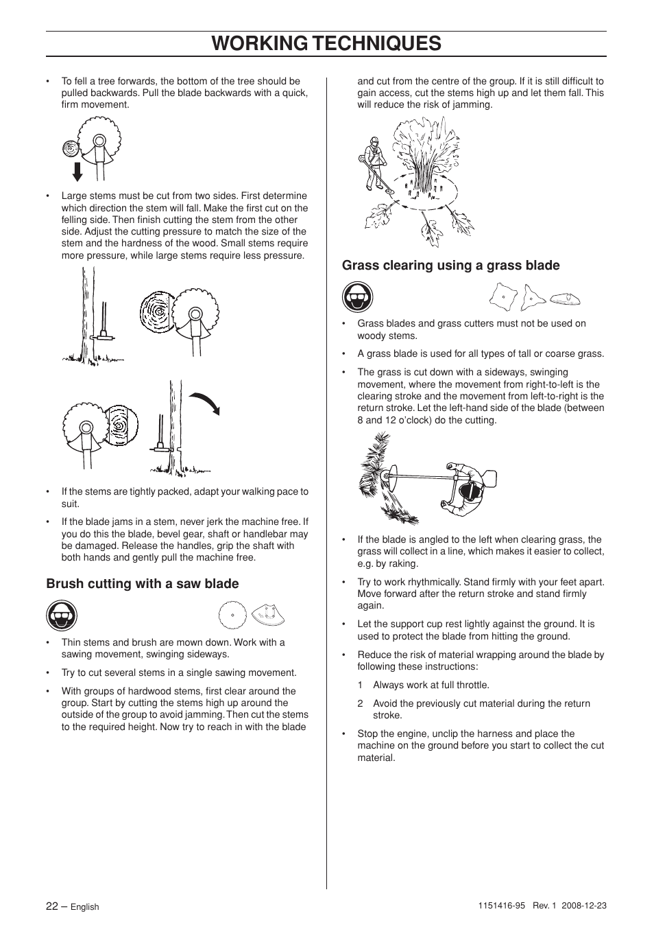 Brush cutting with a saw blade, Grass clearing using a grass blade, Working techniques | Husqvarna 325RX User Manual | Page 22 / 40