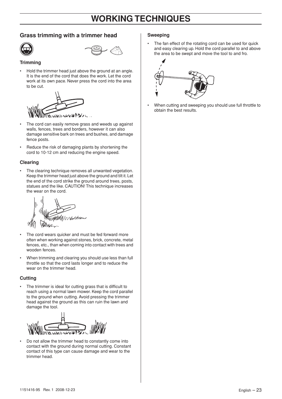 Grass trimming with a trimmer head, Working techniques | Husqvarna 325RX User Manual | Page 23 / 40
