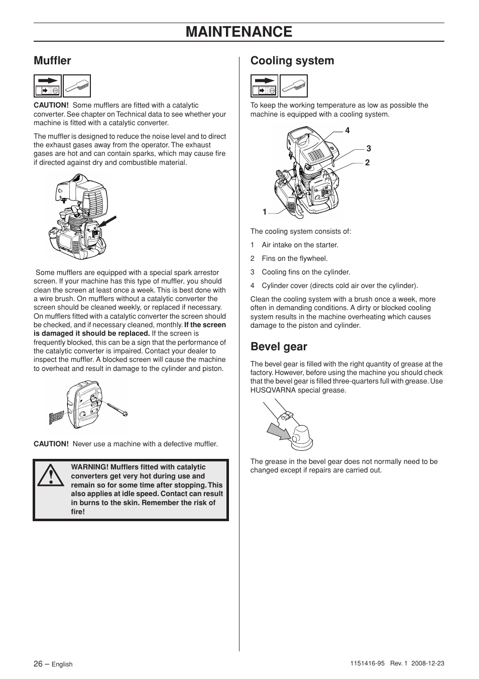 Muffler, Cooling system, Bevel gear | Maintenance | Husqvarna 325RX User Manual | Page 26 / 40