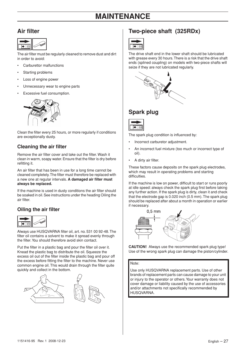 Air filter, Cleaning the air filter, Oiling the air filter | Two-piece shaft (325rdx), Spark plug, Maintenance | Husqvarna 325RX User Manual | Page 27 / 40