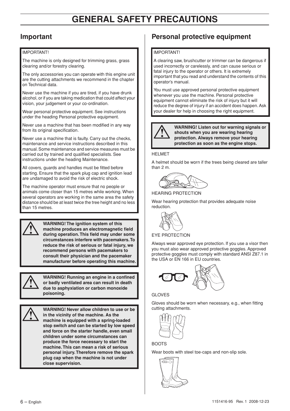 Important, Personal protective equipment, General safety preca utions | Impor tant personal protective equipment | Husqvarna 325RX User Manual | Page 6 / 40