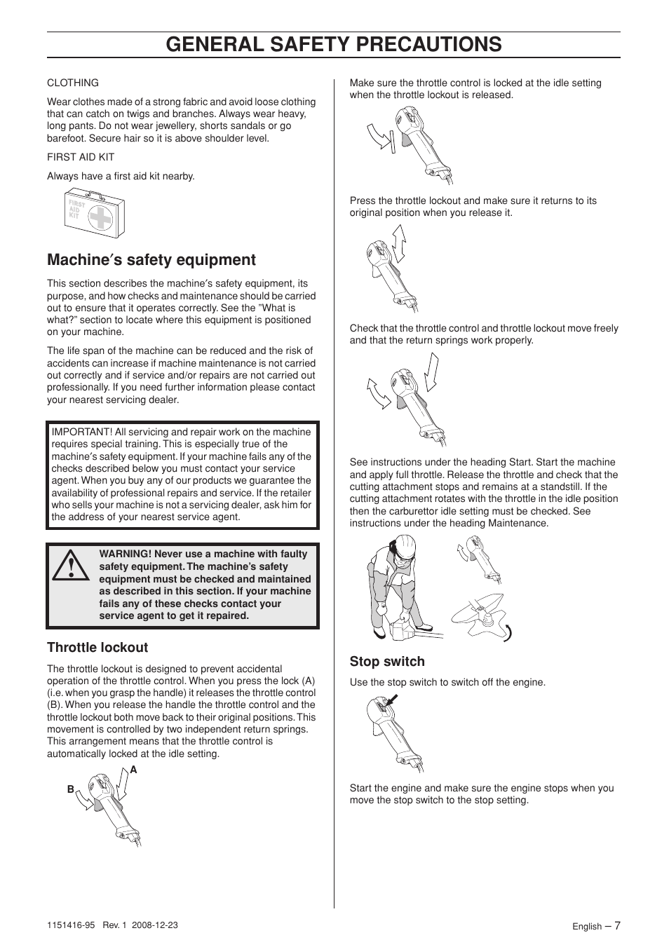 Machine¢s safety equipment, Throttle lockout, Stop switch | General safety precautions, Machine ′ s safety equipment | Husqvarna 325RX User Manual | Page 7 / 40