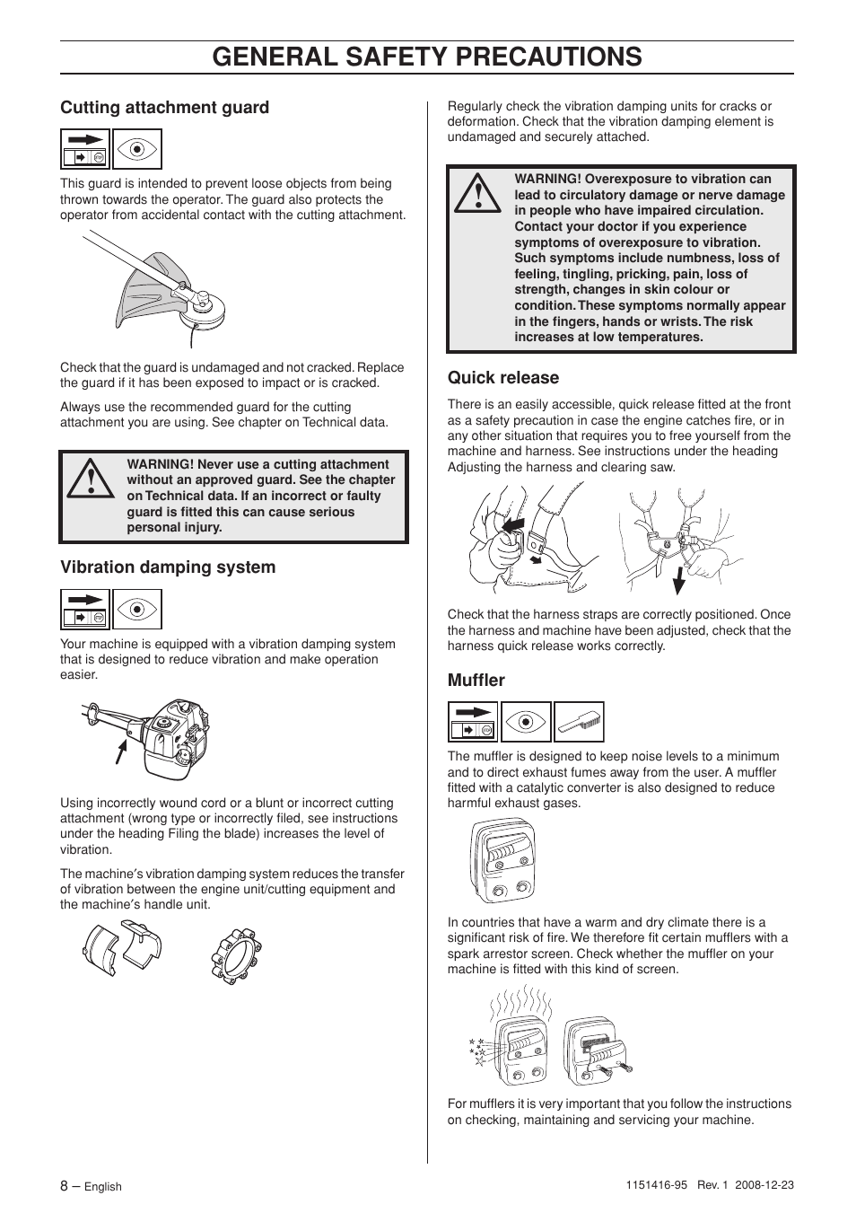 Cutting attachment guard, Vibration damping system, Quick release | Muffler, General safety precautions | Husqvarna 325RX User Manual | Page 8 / 40