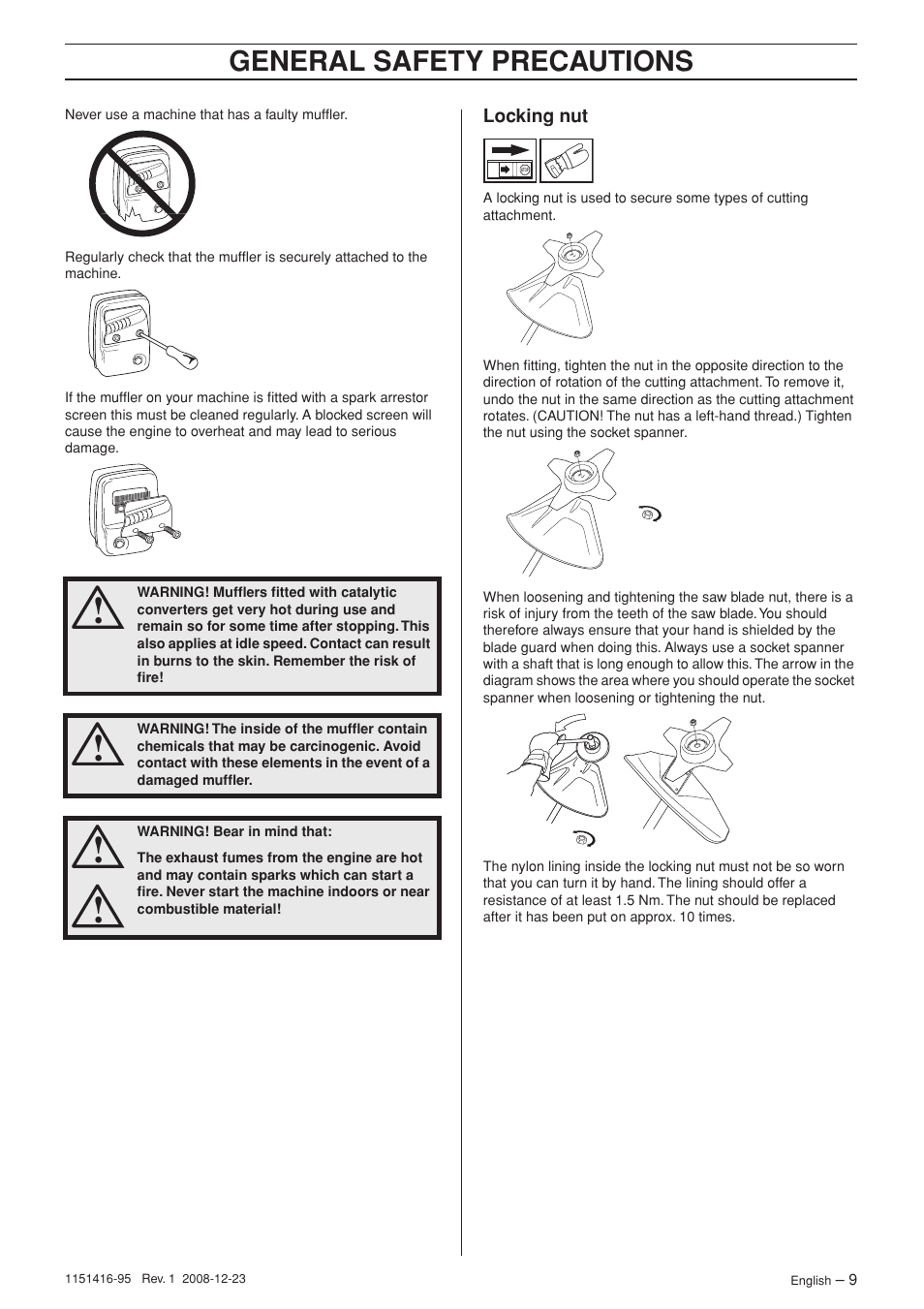 Locking nut, General safety precautions | Husqvarna 325RX User Manual | Page 9 / 40