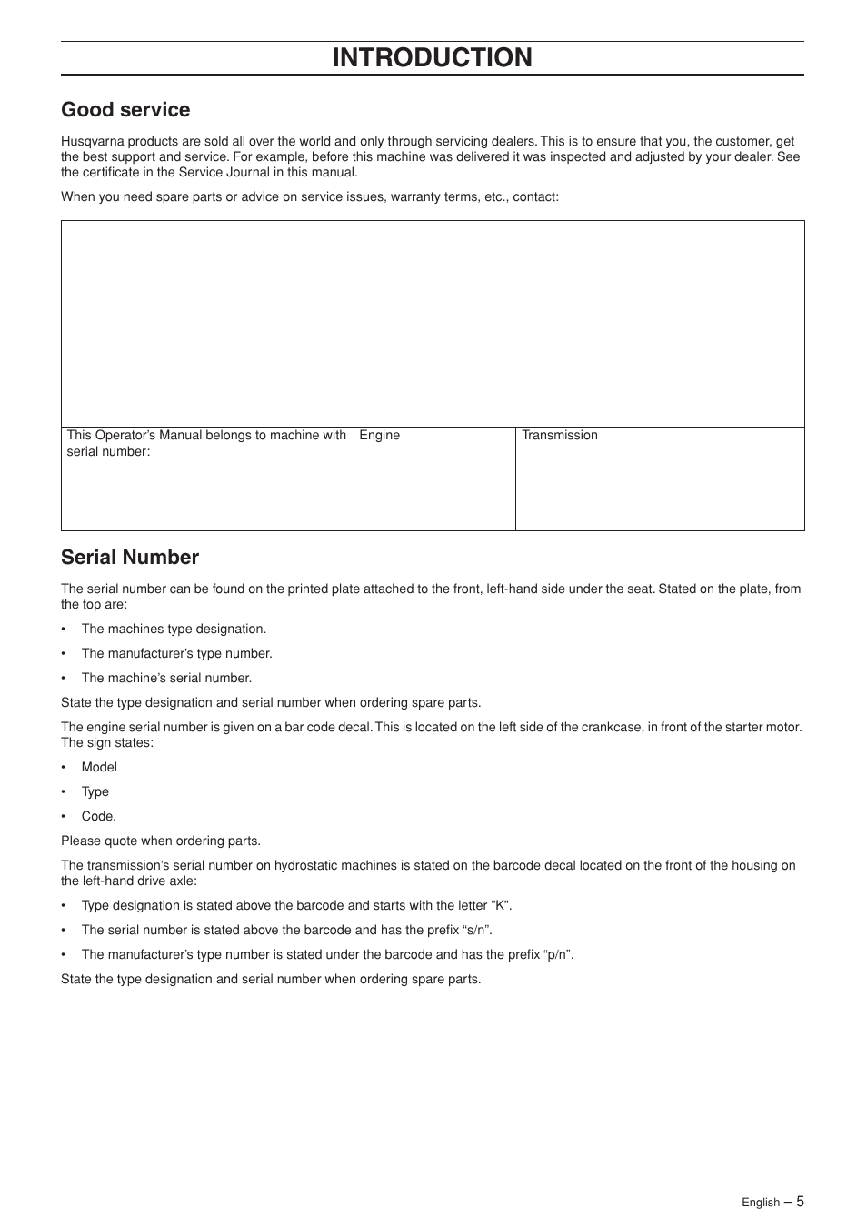 Good service, Serial number, Intr oduction | Good ser vice | Husqvarna 175 AWD User Manual | Page 5 / 40
