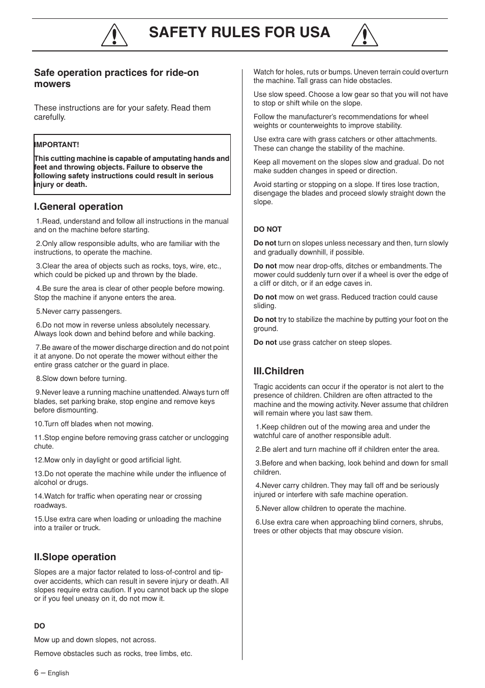 Safety r ules for usa, Saf e operation practices for ride-on mowers, I. general operation | Ii. slope operation, Iii. children | Husqvarna 175 AWD User Manual | Page 6 / 40