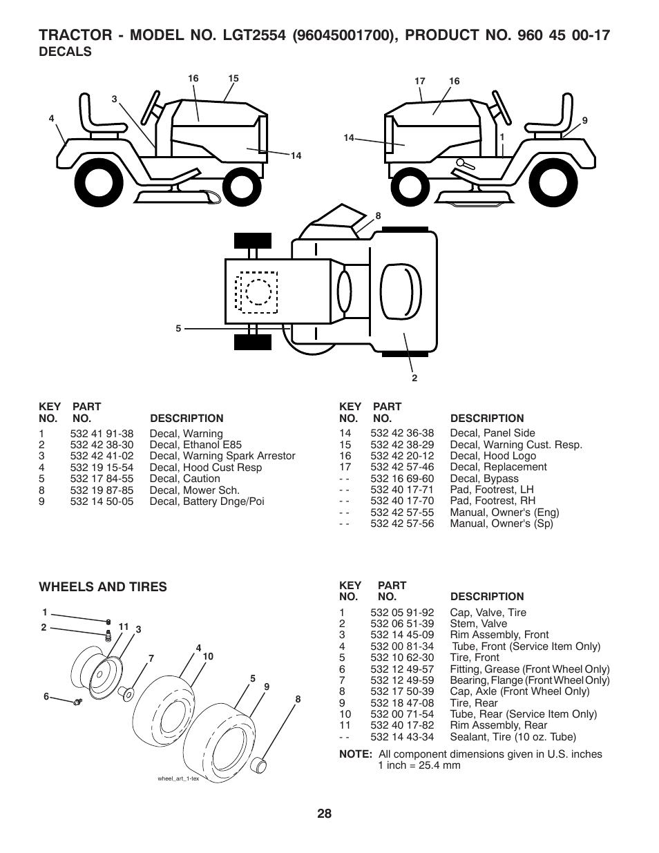 Repair parts, Decals, Wheels and tires | Husqvarna 96045001700 User Manual | Page 28 / 44