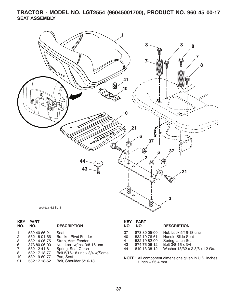 Seat assembly | Husqvarna 96045001700 User Manual | Page 37 / 44