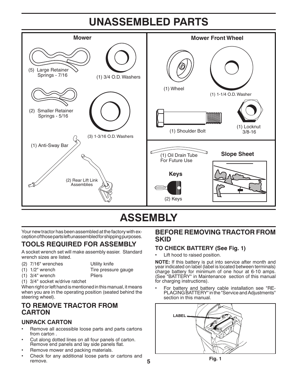Assembly, Unassembled parts, Tools required for assembly | Before removing tractor from skid | Husqvarna 96045001700 User Manual | Page 5 / 44