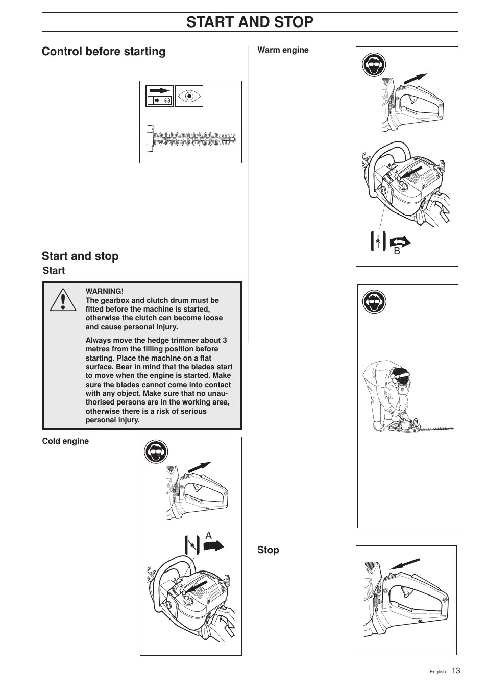 Start and stop, Control before starting | Husqvarna 225H60 User Manual | Page 13 / 20