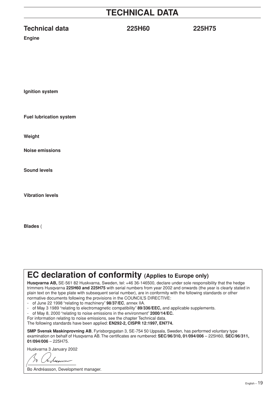 Technical data, Ec declaration of conformity | Husqvarna 225H60 User Manual | Page 19 / 20