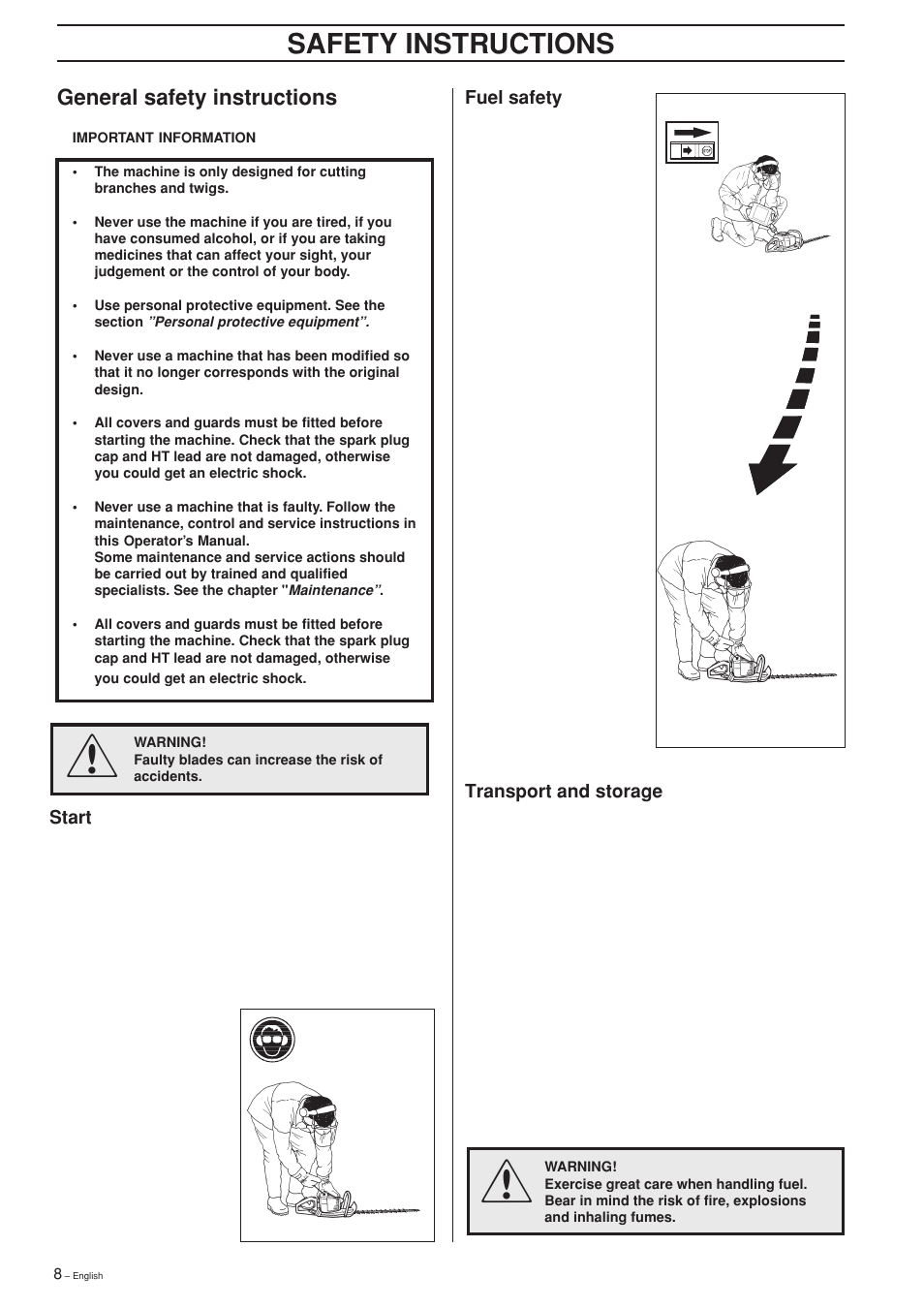 Safety instructions, General safety instructions | Husqvarna 225H60 User Manual | Page 8 / 20