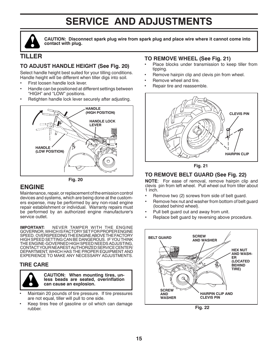 Service & adjustments, Service and adjustments, Tiller | Engine | Husqvarna RTT900 User Manual | Page 15 / 29
