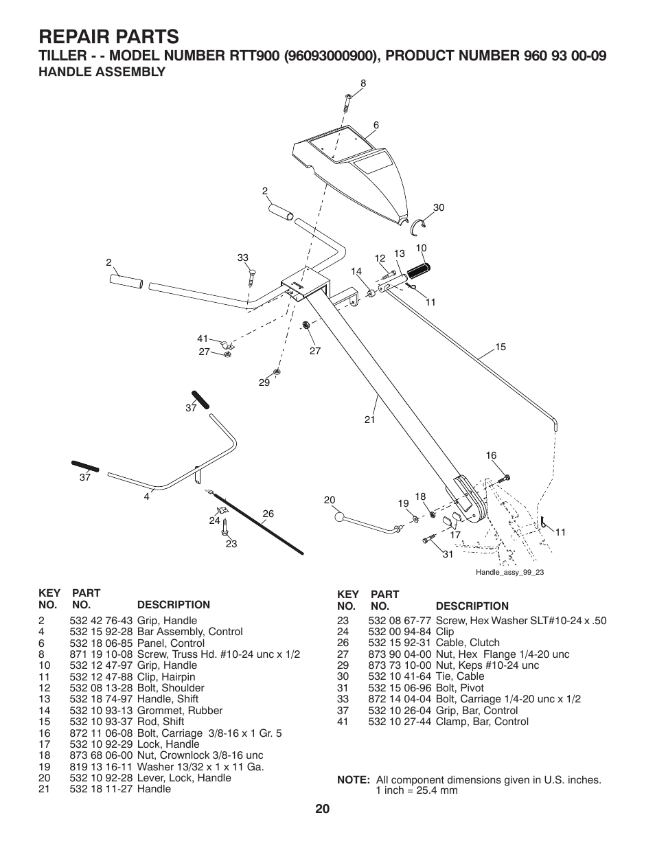 Repair parts, Handle assembly | Husqvarna RTT900 User Manual | Page 20 / 29