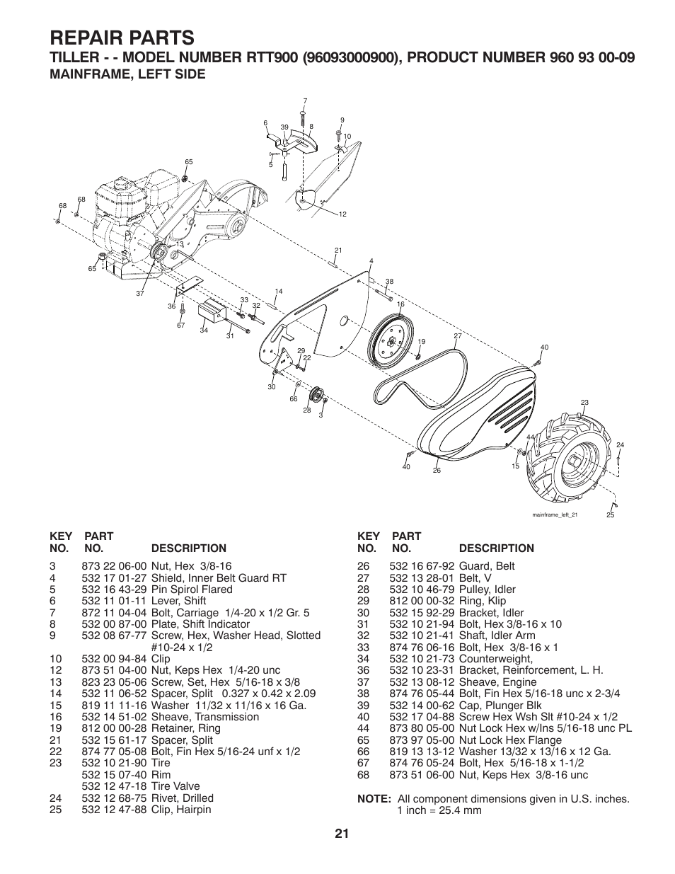 Mainframe, left side, Repair parts | Husqvarna RTT900 User Manual | Page 21 / 29