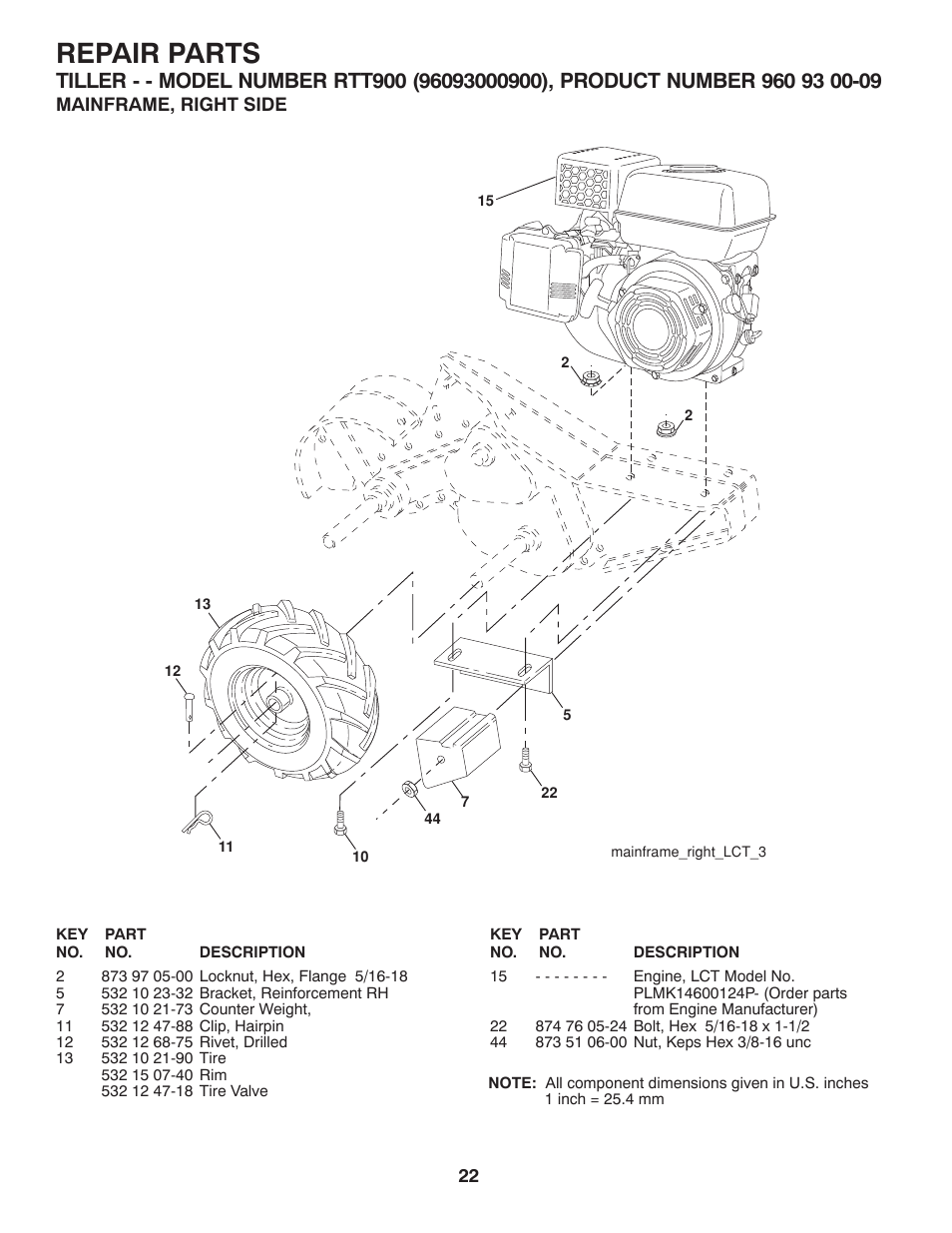 Mainframe, right side, Repair parts | Husqvarna RTT900 User Manual | Page 22 / 29