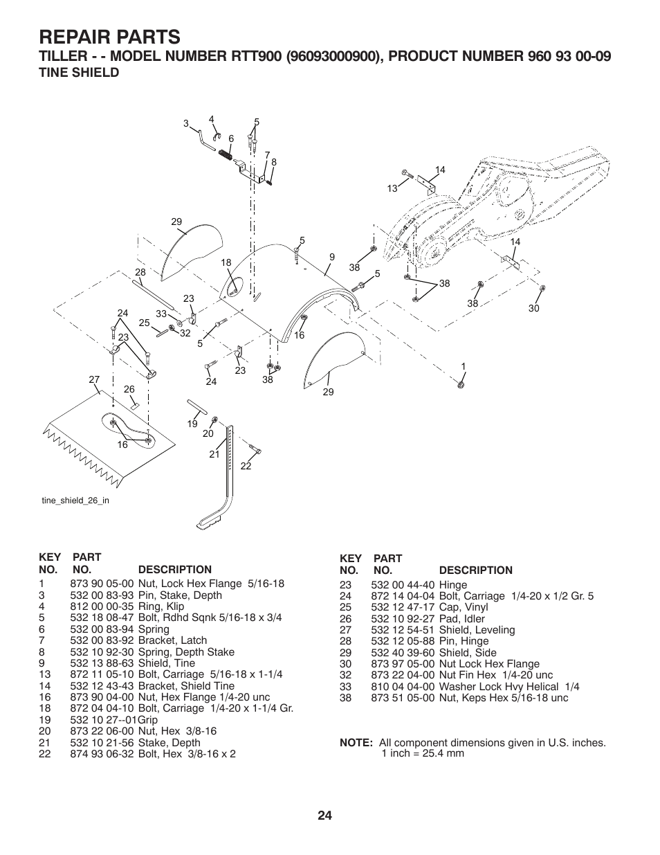 Tine shield, Repair parts | Husqvarna RTT900 User Manual | Page 25 / 29