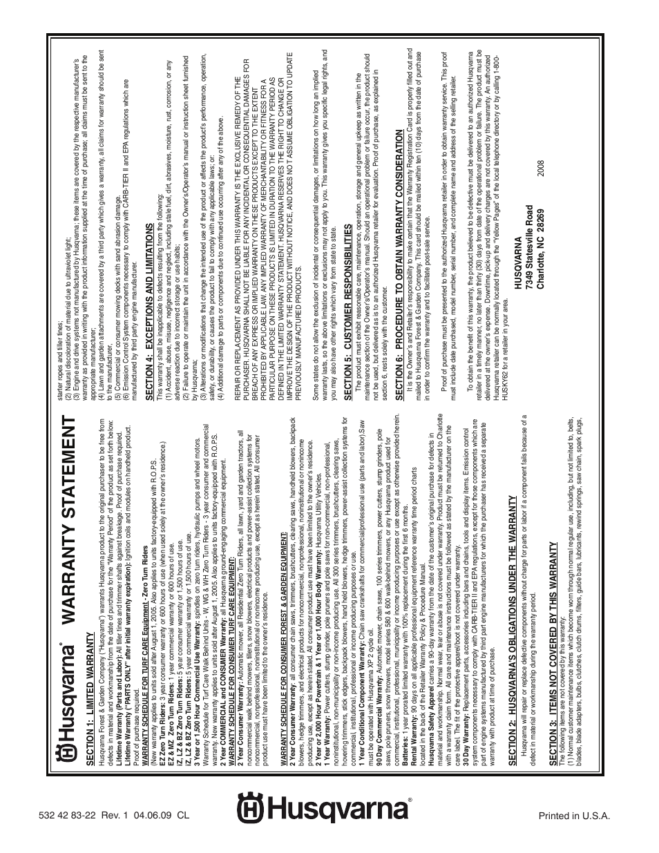 Warranty statement, Warranty st a tement | Husqvarna RTT900 User Manual | Page 29 / 29