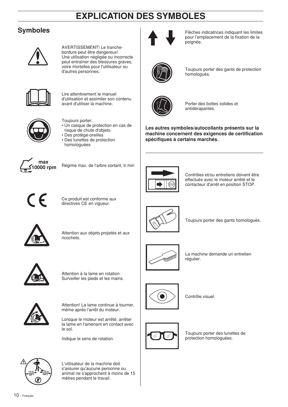 Explication des symboles, Symboles | Husqvarna Edger Attachment User Manual | Page 10 / 28